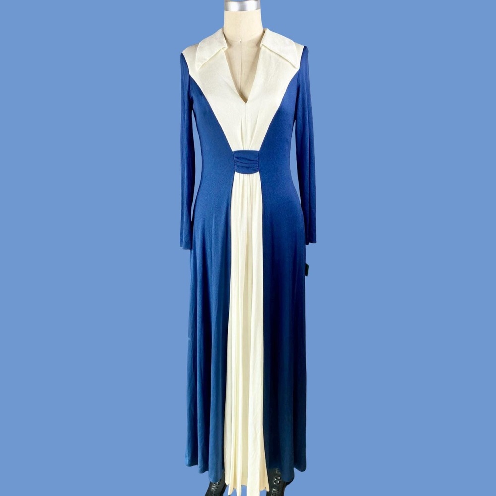 Vintage Macys Navy Blue White Grecian Goddess Maxi Dress Dagger Collar Mod 10